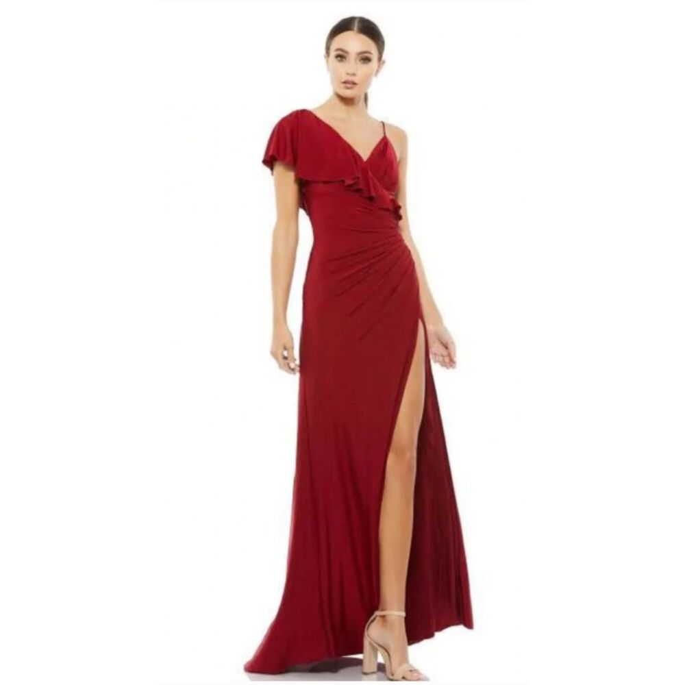 Ieena Mac Duggal A11257 Wine One Shoulder Ruffle Slit Gown 12 NWT